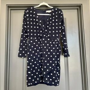 EUC LOFT Women's Navy Polka Dot Long Sleeve Faux Wrap Knit Dress Size 10